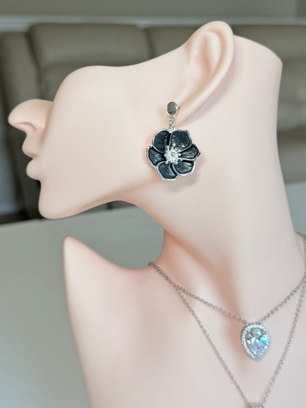 Silver-Tone Black Flower Drop Earrings - Elegant Floral Jewelry